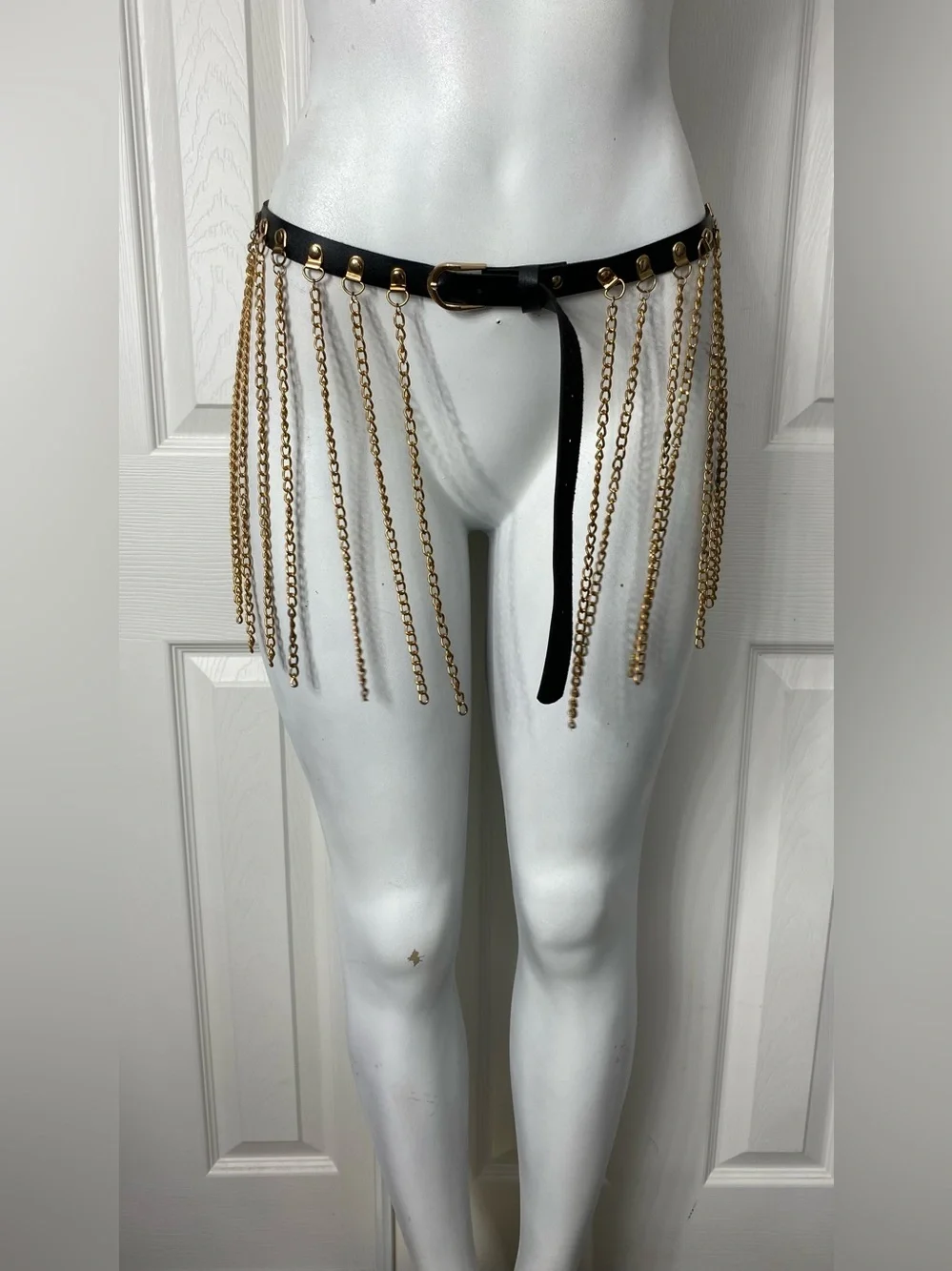 Black Leather Belt with Gold Chain Fringe - Picture 2 of 8